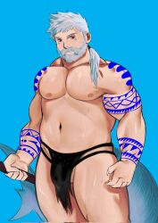 Rule 34 | 1boy, abs, aged up, bara, beard, belly, bulge, corrupted twitter file, expressionless, facial hair, feet out of frame, fingernails, fins, fish tail, grey hair, highres, holding, holding polearm, holding weapon, large pectorals, long hair, looking at viewer, low ponytail, male focus, mature male, muscular, muscular male, mustache, navel, nipples, old, old man, original, overload (nuhoangxitray), pectorals, pelvic curtain, polearm, red eyes, shark boy, shark tail, sharp fingernails, simon (nuhoangxitray), solo, standing, stomach, tail, tattoo, testicle peek, thick mustache, thick thighs, thighs, topless male, tribal tattoo, weapon