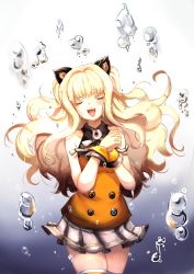 Rule 34 | 1girl, animal ears, bare shoulders, blonde hair, bracelet, bubble, cat ears, closed eyes, highres, jewelry, long hair, music, own hands clasped, own hands together, ryuu (kichikutie23), seeu, singing, skirt, sleeveless, solo, thighhighs, underwater, very long hair, vocaloid, white thighhighs