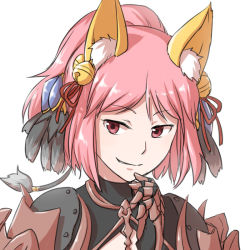 Rule 34 | 1girl, animal ear fluff, animal ears, armor, bell, black feathers, cleavage cutout, clothing cutout, commentary request, feather hair ornament, feathers, fox ears, gauntlets, gem, grin, guillotine cross (ragnarok online), hair bell, hair ornament, hair ribbon, high ponytail, jingle bell, looking at viewer, natsuya (kuttuki), pauldrons, pink hair, ragnarok online, red armor, red eyes, red ribbon, ribbon, short hair, shoulder armor, shrug (clothing), simple background, smile, solo, upper body, white background