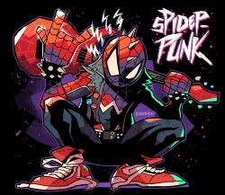 Rule 34 | 1boy, \m/, absurdres, electric guitar, guitar, highres, holding, holding instrument, instrument, looking at viewer, male focus, marvel, mask, punk, rariatto (ganguri), red footwear, shoes, sneakers, solo, spider-man: across the spider-verse, spider-man (series), spider-punk, spider-verse, spikes, squatting, vest