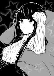 Rule 34 | 10s, 1girl, :3, absurdres, bean bag chair, black background, black hair, blunt bangs, clenched hand, flying witch, greyscale, hand on own head, highres, ishizuka chihiro, kowata makoto, looking at viewer, monochrome, reclining, ribbed sweater, sidelocks, sleeves past wrists, solo, star (symbol), sweater, tareme, upper body