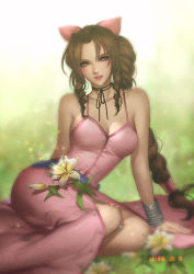 Rule 34 | 1girl, aerith gainsborough, armpit crease, artist name, blue eyes, blush, bracelet, braid, braided ponytail, breasts, cleavage, collarbone, commentary, dated, day, dress, drill hair, eyelashes, final fantasy, final fantasy vii, final fantasy vii remake, flower, grass, hair ribbon, heart, jewelry, large breasts, legs, leirix, lips, lipstick, long hair, looking at viewer, low-tied long hair, makeup, medium breasts, outdoors, parted bangs, parted lips, pink dress, pink ribbon, ribbon, side drill, sideboob, single braid, sitting, sleeveless, sleeveless dress, smile, solo, spaghetti strap, symbol-only commentary, twin drills