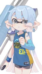 Rule 34 | 1girl, arm warmers, armband, bandaid, bandaid on shoulder, bare shoulders, bike shorts, black shorts, blue arm warmers, blue armband, blue hair, blue tongue, blush, clenched hand, colored tongue, cowboy shot, dot nose, earrings, flingza roller (splatoon), grey eyes, highres, holding, holding weapon, inkling, inkling girl, inkling player character, jersey, jewelry, long hair, looking at viewer, nintendo, open mouth, pointy ears, sahata saba, shorts, signature, single arm warmer, skindentation, solo, splatoon (series), sweatband, tentacle hair, very long hair, weapon, white background