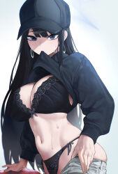 Rule 34 | 1girl, absurdres, baseball cap, black bra, black hair, black panties, black sweater, blue archive, blue eyes, bra, breasts, cleavage, clothes in mouth, clothes lift, clothes pull, commentary request, earrings, hat, highres, hoop earrings, jewelry, kazane-wind, large breasts, long hair, looking at viewer, mouth hold, navel, panties, pants, pants pull, pulled by self, saori (blue archive), shirt in mouth, shirt lift, solo, stomach, sweat, sweater, underwear, very long hair