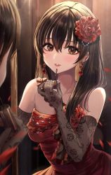 Rule 34 | 1girl, absurdres, bare shoulders, black gloves, blush, breasts, brown eyes, brown hair, commentary request, cosmetics, dress, earrings, elbow gloves, flower, fujiwara hajime, gloves, hair flower, hair ornament, highres, idolmaster, idolmaster cinderella girls, jewelry, kudou (sikisiki0000), lipstick, lipstick tube, long hair, looking at viewer, makeup, mirror, parted lips, petals, red dress, red flower, red lips, lipstick tube, reflection, single strap, small breasts, smile, solo, upper body