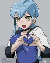 Rule 34 | 1girl, aqua hair, blue hair, blush, breast press, breasts, cardfight!! vanguard, covered erect nipples, female focus, gillian chen, grabbing, grabbing another&#039;s breast, grey background, hair between eyes, hands up, heart, heart hands, large breasts, light blush, long hair, looking at viewer, oda koziki, open mouth, own hands together, signature, simple background, solo, sweatdrop, upper body, yellow eyes