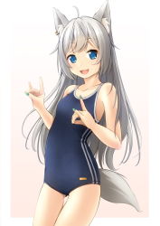 Rule 34 | 1girl, \m/, ahoge, animal ear fluff, animal ears, blue eyes, blue one-piece swimsuit, commission, double fox shadow puppet, earrings, fox ears, fox girl, fox shadow puppet, fox tail, highres, jewelry, long hair, nail polish, one-piece swimsuit, open mouth, original, school swimsuit, shadow puppet, shibacha, silver hair, skeb commission, smile, solo, swimsuit, tail, thigh gap, thighs