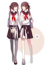 Rule 34 | 2girls, ^^^, ass, ass grab, bag, blush, brown eyes, brown hair, cotta, eye contact, female pervert, hair ribbon, hand on own ass, heart, incest, kneehighs, looking at another, multiple girls, original, pantyhose, pervert, ribbon, school bag, school uniform, serafuku, shoes, shoulder bag, siblings, single shoe, sisters, socks, twincest, twins, twintails, yuri