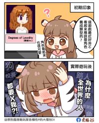 Rule 34 | 1girl, 2koma, ?, @ @, blush, brown eyes, brown hair, chinese text, comic, degrees of lewdity, fang, highres