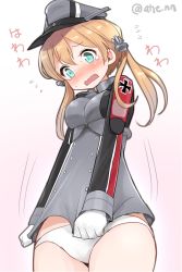 Rule 34 | 1girl, ahenn, anchor, anchor hair ornament, aqua eyes, blonde hair, blush, commentary request, covering privates, embarrassed, gloves, hair ornament, kantai collection, long hair, long sleeves, low twintails, military, military uniform, no pants, panties, prinz eugen (kancolle), solo, tears, twintails, twitter username, underwear, uniform, wavy mouth, white gloves