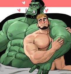 Rule 34 | 2boys, abs, arm around shoulder, bara, beard, bed sheet, colored skin, completely nude, couple, dopey (dopq), facial hair, fangs, green skin, heart, highres, hug, interspecies, large pectorals, looking at another, male focus, mature male, monster boy, multiple boys, muscular, muscular male, naked sheet, navel, navel hair, nipples, nude, one eye closed, orc, original, paid reward available, pectorals, pubic hair, pubic hair peek, scar, scar across eye, scar on arm, scar on chest, scar on face, scar on nose, short hair, size difference, stomach, sweat, thick eyebrows, yaoi