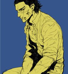 Rule 34 | 1boy, abs, scar on face, golden kamuy, hat, unworn hat, unworn headwear, male focus, manly, monochrome, muscular, npn, open clothes, open shirt, pectorals, scar, scar on arm, scar on cheek, scar on chest, scar on face, scar on mouth, scar on nose, short hair, sleeves rolled up, solo, sugimoto saichi