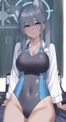 Rule 34 | 1girl, animal ear fluff, animal ears, arm support, bag, blue archive, blue eyes, blush, breasts, cleavage, closed mouth, collared shirt, competition swimsuit, covered navel, gaitoou, grey hair, groin, highleg, highleg swimsuit, highres, large breasts, leaning back, long hair, long sleeves, looking at viewer, mismatched pupils, multicolored hair, one-piece swimsuit, open clothes, open shirt, ponytail, shiroko (blue archive), shiroko (swimsuit) (blue archive), shirt, sitting, solo, swimsuit, swimsuit under clothes, thighs, two-tone hair, two-tone swimsuit, white shirt