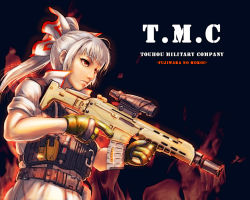 Rule 34 | 1girl, acog, acr, adaptive combat rifle, alternate costume, alternate hairstyle, assault rifle, bow, female focus, fire, fujiwara no mokou, gun, hair bow, load bearing vest, long hair, military operator, ranger (mll0101), red eyes, rifle, short sleeves, silver hair, sleeves rolled up, solo, touhou, trigger discipline, vest, weapon