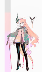 absurdres black_bow black_gloves bow cane closed_mouth floating flower gloves hair_between_eyes hair_bun halo high_heels highres holding holding_cane horns long_hair long_sleeves multicolored_hair orange_hair original red_eyes red_flower single_hair_bun single_horn sleeves_past_wrists u3n17 white_flower white_hair