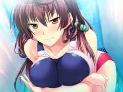 Rule 34 | 1girl, bathroom, blush, breast hold, breasts, brown hair, collarbone, covered erect nipples, female focus, game cg, large breasts, leaning forward, legs, long hair, looking at viewer, marushin (denwa0214), orange eyes, shinohara katsumi, shower, smile, solo, standing, supokon! sports wear complex, swimsuit, thighs