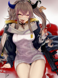 Rule 34 | 1girl, arm support, blood, blue nails, blush, breasts, bridal gauntlets, brown hair, character doll, choker, cleavage, coat, collarbone, commentary, dress, earrings, eyeshadow, girls&#039; frontline, h&amp;k ump, hair between eyes, hair ornament, hairband, hand up, heart, heart earrings, highres, hood, hooded coat, horns, jewelry, licking lips, long hair, looking at viewer, makeup, medium breasts, nail polish, off-shoulder dress, off shoulder, one side up, open clothes, open coat, piukute062, pool of blood, scar, scar across eye, scar on face, sidelocks, signature, single strap, sitting, smile, sweater, sweater dress, tongue, tongue out, ump45 (girls&#039; frontline), ump9 (girls&#039; frontline), very long hair, watch, yellow eyes
