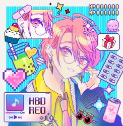 Rule 34 | 1boy, 4su bae, absurdres, blue background, border, box, bubble tea, can, candy, cardigan, character name, collared shirt, cupcake, earrings, food, gift, gift box, glasses, green cardigan, happy birthday, highres, jewelry, lollipop, long sleeves, male focus, maruyama reo, necktie, paradox live, parted lips, pink eyes, pink hair, pink necktie, pixelated, shirt, smile, solo, sparkle, spoken gift, teeth, white border, yellow shirt