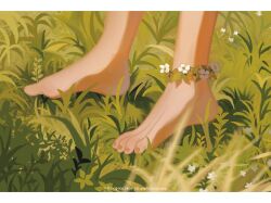 Rule 34 | 1girl, anklet, barefoot, blurry, blurry foreground, close-up, cognacbear, feet, feet only, flower, foot focus, grass, highres, jewelry, letterboxed, original, out of frame, outdoors, plant, solo, toenails, toes, twitter username, white flower