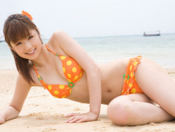 Rule 34 | autumn breeze, beach, bikini, highres, ocean, ogura yuuko, photo (medium), polka dot, swimsuit