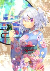Rule 34 | 1girl, ;), ahoge, aiko yakumo, animal, animal on hand, blue kimono, blurry, blurry background, breasts, bug, butterfly, butterfly on hand, cloud hair ornament, commentary request, depth of field, egasumi, floral print, hair between eyes, hair ornament, hand up, indie virtual youtuber, insect, japanese clothes, kimono, kou hiyoyo, lightning bolt, lightning bolt hair ornament, lightning bolt symbol, long sleeves, looking at viewer, medium breasts, obi, one eye closed, ponytail, print kimono, purple eyes, round window, sash, silver hair, sleeves past wrists, smile, solo, torii, virtual youtuber, wide sleeves, window