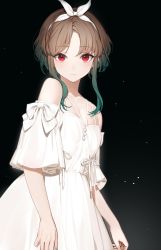 Rule 34 | 1girl, bare shoulders, bow, breasts, brown hair, cleavage, dpea9, dress, green hair, hair bow, hair ornament, highres, looking at viewer, multicolored hair, original, red eyes, short hair, simple background, small breasts, solo, two-tone hair, white dress