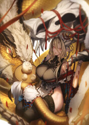 Rule 34 | 1girl, apron, black garter straps, black thighhighs, blonde hair, bracelet, breasts, commentary request, dragon, from above, garter straps, genyaky, hair between eyes, hair intakes, highres, jewelry, large breasts, long hair, looking at viewer, open mouth, original, pointy ears, red eyes, sitting, thighhighs, thighs, white apron