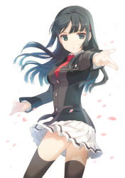 Rule 34 | 1girl, aqua eyes, black hair, black thighhighs, blazer, breasts, cherry blossoms, female focus, fushigino alice, gradient background, green eyes, h2so4, hair ornament, hairclip, hime cut, jacket, long hair, looking back, necktie, ore to kanojo ga maou to yuusha de seitokaichou, outstretched arm, outstretched hand, petals, pleated skirt, school, school uniform, simple background, skirt, smile, solo, standing, thighhighs, uniform, ushigino alice, wind, wind lift, zettai ryouiki