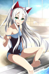 Rule 34 | 1girl, ace (playing card), ace of hearts, animal ears, aqua eyes, bad id, bad pixiv id, barefoot, card, cat ears, chain-link fence, day, feet, fence, green eyes, hairband, heart, highres, long hair, one-piece swimsuit, open mouth, original, outdoors, playing card, pool, poolside, school swimsuit, sitting, sky, soaking feet, soles, solo, strap pull, swimsuit, tazaki hayato, toes, very long hair, water, white hair