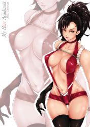 Rule 34 | 10s, 1girl, abs, absurdres, bikini, black gloves, black hair, black thighhighs, boku no hero academia, breasts, brown eyes, character name, chest strap, choker, cleavage, copyright name, covered erect nipples, cowboy shot, elbow gloves, from above, gloves, graphite (medium), highres, large breasts, long hair, looking at viewer, micro bikini, navel, open mouth, ponytail, puffy nipples, revision, slingshot swimsuit, smile, solo, standing, swimsuit, thigh gap, thighhighs, traditional media, yaoyorozu momo, zettai muri no akira, zoom layer