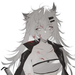 Rule 34 | 1girl, ahoge, animal ears, arknights, bandeau, black jacket, blood, blood on clothes, blood on face, breasts, chinese commentary, cleavage, closed mouth, grey eyes, hair between eyes, hair ornament, hairclip, injury, jacket, jacket on shoulders, lappland (arknights), light smile, long hair, looking at viewer, medium breasts, meng ziya, messy hair, scar, scar across eye, scar on face, scratches, silver hair, simple background, smile, solo, strapless, tube top, upper body, white background, wolf ears