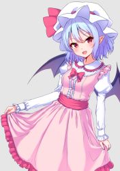 Rule 34 | 1girl, adapted costume, bat wings, blue hair, buttons, center frills, clothes lift, dress, dress lift, frills, grey background, hat, hat ribbon, juliet sleeves, junior27016, lifting own clothes, long sleeves, looking at viewer, mob cap, pink dress, pointy ears, puffy sleeves, red eyes, red ribbon, remilia scarlet, ribbon, sash, simple background, smile, solo, touhou, wings