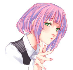 Rule 34 | 1girl, black vest, bob cut, closed mouth, collared shirt, commentary, cropped shoulders, derivative work, g4265059, green eyes, hairu ihei, hand up, looking at viewer, pink hair, shirt, short hair, simple background, solo, symbol-only commentary, tokyo ghoul, tokyo ghoul:re, upper body, vest, white background, white shirt
