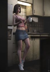 Rule 34 | 1girl, 3d, artist request, bare legs, bare shoulders, breasts, brown hair, casual, cleavage, denim, denim skirt, eileen galvin, full body, highres, holding, holding mug, kitchen, lips, medium breasts, navel, shiny skin, short hair, silent hill, silent hill (series), silent hill 4: the room, skirt, solo, standing, tank top, thighs, wide hips