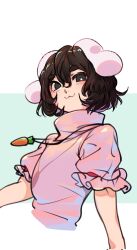 Rule 34 | 1girl, :3, animal ears, black eyes, blue background, brown hair, carrot necklace, closed mouth, commentary request, cropped torso, floppy ears, hair between eyes, highres, inaba tewi, jewelry, looking at viewer, necklace, nio (meple nio), pink shirt, puffy short sleeves, puffy sleeves, rabbit ears, rabbit girl, shirt, short hair, short sleeves, simple background, smile, solo, thick eyebrows, touhou, two-tone background, upper body, white background