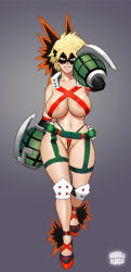 Rule 34 | 1girl, absurdres, areola slip, ass, bakugou katsuki, bakugou katsuki (cosplay), bakugou mitsuki, bare shoulders, blonde hair, boku no hero academia, breasts, cleavage, cosplay, female pubic hair, highres, large breasts, looking at viewer, mature female, nipples, panties, parted lips, pubic hair, pubic hair peek, red eyes, short hair, signature, smile, solo, spiked hair, standing, thick thighs, thighs, underwear, whargleblargle, wide hips