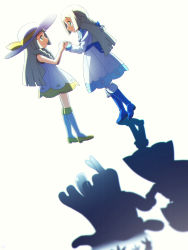 Rule 34 | 2girls, blonde hair, blue footwear, boots, braid, closed mouth, commentary request, creatures (company), different shadow, dress, eye contact, from side, fujihana (mugenpixel), game freak, gen 7 pokemon, green eyes, hands up, hat, highres, holding hands, kneehighs, lillie (nihilego), lillie (pokemon), long hair, long sleeves, looking at another, multiple girls, nihilego, nintendo, pokemon, pokemon (anime), pokemon journeys, pokemon swsh111, shoes, sleeveless, sleeveless dress, smile, socks, ultra beast, white dress, white headwear, white legwear, yellow footwear
