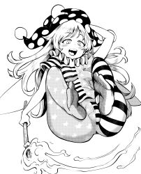 Rule 34 | 1girl, absurdres, american flag dress, arm up, ass, blush, breasts, cameltoe, clownpiece, full body, greyscale, highres, himajin noizu, holding, holding torch, long hair, monochrome, open mouth, short sleeves, small breasts, smile, solo, teeth, tongue, torch, touhou