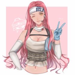 Rule 34 | 1girl, ;d, alternate hair length, alternate hairstyle, animification, apex legends, arm warmers, bad id, bad twitter id, bare shoulders, blue gloves, breasts, cleavage, collarbone, commentary request, gloves, green eyes, hand up, headband, headset, highres, lifeline (apex legends), long hair, looking at viewer, makeup, mascara, mask, mask around neck, medium breasts, microphone, navel, nose, one eye closed, open mouth, oroshi, pink hair, signature, smile, solo, stomach, teeth, upper body, v, very long hair