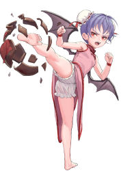 Rule 34 | 1girl, alternate costume, armpits, bare arms, bare legs, bare shoulders, barefoot, bat wings, bloomers, blue hair, bun cover, china dress, chinese clothes, chinese commentary, clenched hands, commentary request, double bun, dress, fangs, fkey, full body, hands up, highres, jar, kicking, leg up, open mouth, pink dress, red eyes, remilia scarlet, simple background, solo, standing, standing on one leg, thighs, touhou, underwear, v-shaped eyebrows, white background, white bloomers, wings, wristband