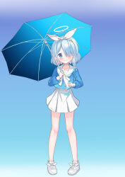 Rule 34 | 1girl, arona (blue archive), blue archive, blue eyes, blue hair, blue halo, blush, choker, closed mouth, collarbone, colored inner hair, efu (ehutan), full body, hair over one eye, halo, highres, holding, holding umbrella, long sleeves, looking at viewer, multicolored hair, pink hair, pleated skirt, sailor collar, shoes, short hair, skirt, smile, solo, umbrella, white choker, white footwear, white sailor collar, white skirt