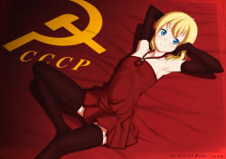 Rule 34 | 10s, 1girl, 2013, armpits, blonde hair, breasts, communism, elbow gloves, flat chest, gloves, halterneck, hammer and sickle, highres, kama iruka, long legs, most body, original, red gloves, red thighhighs, short hair, small breasts, solo, thighhighs, ussr, zettai ryouiki