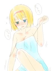 Rule 34 | 1girl, alice margatroid, bad id, bad pixiv id, bare shoulders, blonde hair, blush, breasts, camisole, chemise, cleavage, female focus, hairband, legs, open mouth, short hair, shy, solo, strap slip, sweat, touhou, translation request, yjy