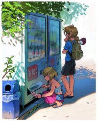 Rule 34 | 1boy, 1girl, backpack, bag, bare shoulders, braid, brown hair, commentary, contemporary, crown braid, dappled sunlight, day, english commentary, grabbing another&#039;s chin, hand on another&#039;s chin, handbag, highres, link, malin falch, nintendo, pants, pink pants, plastic bottle, princess zelda, sandals, scenery, shirt, short hair, shorts, sidelocks, squatting, standing, strapless, sunlight, sweat, t-shirt, the legend of zelda, the legend of zelda: breath of the wild, the legend of zelda: tears of the kingdom, trash can, triforce, tube top, vending machine