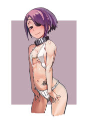 Rule 34 | 1girl, bare shoulders, breasts, cleavage, collar, cropped legs, eyepatch, fundoshi, highres, japanese clothes, kousaku, looking at viewer, navel, original, purple eyes, purple hair, short hair, small breasts, smile, solo