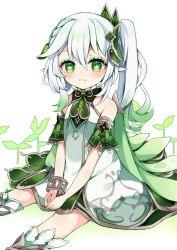 Rule 34 | 1girl, bare shoulders, closed mouth, commentary request, dress, feet out of frame, genshin impact, gradient hair, green eyes, green hair, hair between eyes, hair ornament, light blush, long hair, looking at viewer, maki soutoki, multicolored hair, nahida (genshin impact), plant, pointy ears, sitting, sleeveless, sleeveless dress, solo, white background, white hair