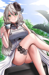 Rule 34 | 1girl, absurdres, aquila (azur lane), azur lane, bad id, bad pixiv id, black hair, blue sky, breasts, buko (bukosuki), commentary request, crossed legs, cup, day, dress, dutch angle, green eyes, grey hair, highres, holding, holding cup, large breasts, long hair, outdoors, sitting, sky, smile, solo, thighs, tilted headwear, upskirt, very long hair, white dress