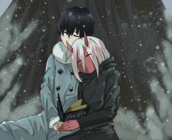 Rule 34 | 10s, 1boy, 1girl, aged down, black hair, black robe, closed eyes, coat, colored skin, darling in the franxx, fur-trimmed coat, fur-trimmed sleeves, fur coat, fur trim, hiro (darling in the franxx), hjkl42332, holding hands, horns, kurozawa yui, leaning on person, leaning to the side, long hair, long sleeves, red skin, robe, short hair, side-by-side, silver hair, sitting, snow, snowing, tree, winter, winter clothes, winter coat, zero two (darling in the franxx)