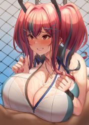 Rule 34 | 1boy, 1girl, absurdres, azur lane, bare shoulders, blush, blush stickers, bra, bra visible through clothes, breast suppress, breasts, breasts squeezed together, bremerton (azur lane), bremerton (scorching-hot training) (azur lane), cleavage, clothed female nude male, collared shirt, crop top, cum, cum on body, cum on breasts, cum on upper body, dark-skinned male, dark skin, ejaculation between breasts, hair between eyes, hair ornament, hairclip, heart, heart necklace, hetero, highres, huge breasts, jewelry, long hair, looking at viewer, mole, mole on breast, mole under eye, momo no sukebe, multicolored hair, nail polish, necklace, nude, offscreen person, paizuri, paizuri under clothes, parted lips, pink eyes, pink hair, pink nails, see-through, shirt, sidelocks, sleeveless, sleeveless shirt, smile, solo focus, sportswear, streaked hair, sweat, tennis uniform, twintails, underwear, wet, wet clothes, white bra, x hair ornament
