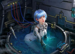Rule 34 | 1girl, all fours, ass, ayanami rei, blue hair, bodysuit, breasts, cable, highres, jiayuan song, looking at viewer, neon genesis evangelion, partially submerged, plugsuit, realistic, short hair, solo, technology, water, wire
